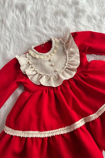 Bertuğ Bebek Special Design Red Evening Dress with Lace and Button Detail Girl's Baby Dress