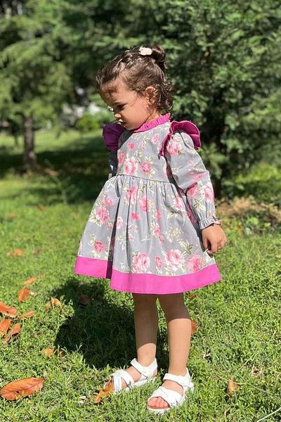 Bertuğ Bebek Rochie pentru fetiță, gri roz, cu model de trandafiri cu volane