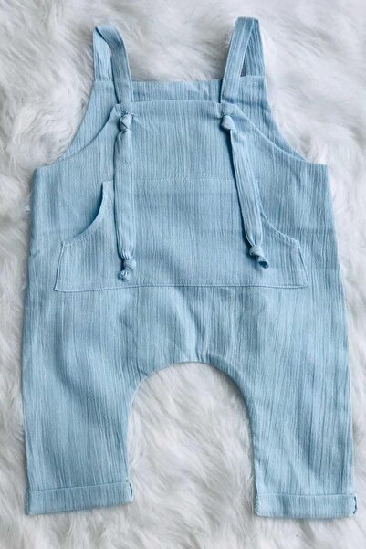 Bertuğ Bebek Cepli Buz Mavisi Kız Erkek Çocuk Şile Bezi Salopet Tulum