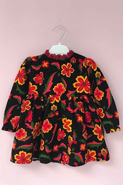 Bertuğ Bebek Lace Collar Floral Black Flannel Baby Girl Dress