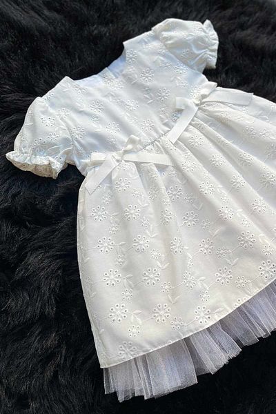 Bertuğ Bebek Βραδινό φόρεμα με λεπτομέρεια από τούλι με κορδέλα Λευκό μαργαριτάρι Σχέδιο κοριτσίστικο βρεφικό φόρεμα