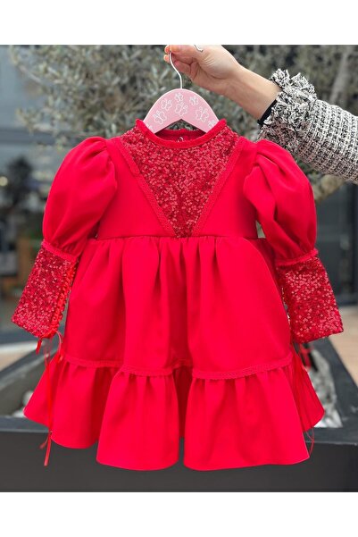 Bertuğ Bebek Dantel ve Pul Payet Detaylı Krep Kız Çocuk Bebek Abiye Kırmızı M...
