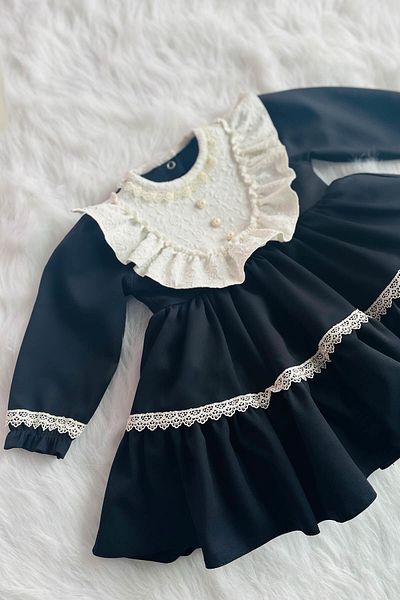 Bertuğ Bebek Black Lace Detailed Girl's and Baby's Crepe Evening Dress - Special Design