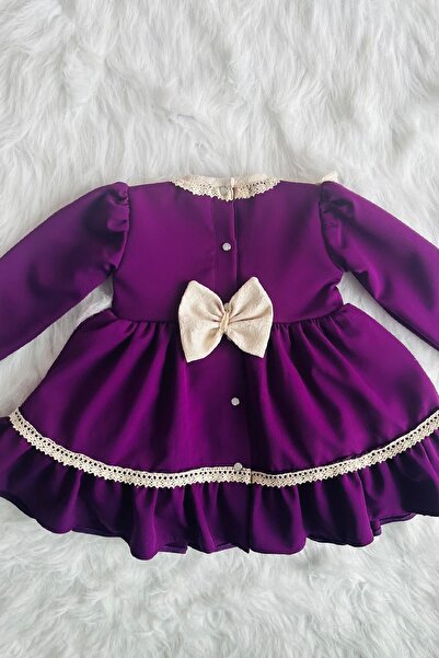 Bertuğ Bebek Dantel Ve Düğme Detaylı Özel Tasarım Mor Abiye Kız Çocuk Bebek Elbise