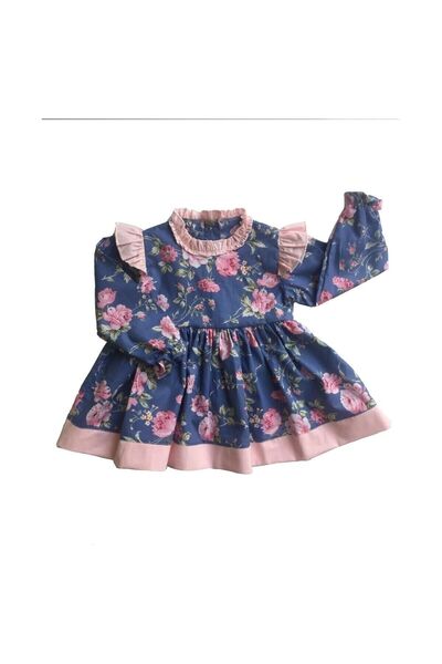 Bertuğ Bebek Fırfır Detaylı Çiçek Desenli Pembe Mavi Kız Çocuk Bebek Elbise