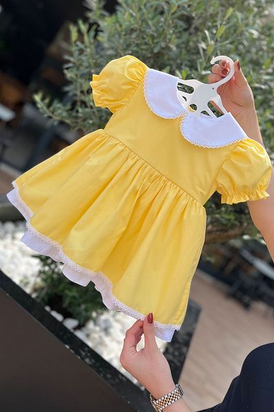 Bertuğ Bebek Yellow Baby Girl Dress with Collar and Lace Detail
