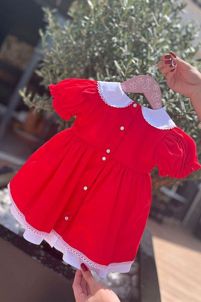 Bertuğ Bebek Red Poplin - Girl's Holiday Dress with Baby Collar and Lace Detail