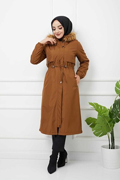 Marjinal City Tan Fur Lined and Waterproof Large Size Oversize Women's Winter Coat & Coat
