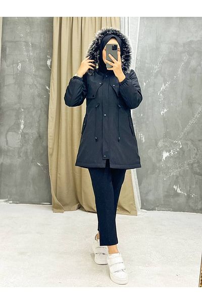 Vibeys Collection Navy Blue Fur Lined and Waterproof Women's Winter Coat & Coat