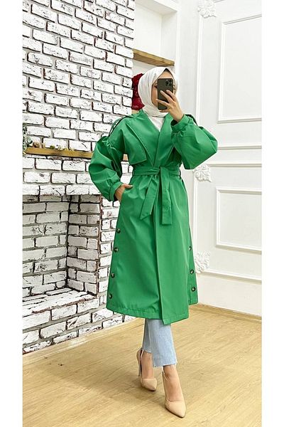 Marjinal City Long Flowing and Side Buttoned Balloon Sleeve Women's Trench Coat