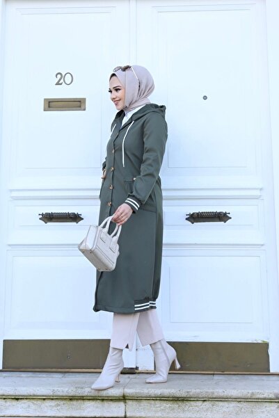 Marjinal City Γυναικεία καμπαρντίνα με πράσινη κουκούλα και κουμπιά αδιάβροχη ριμπ