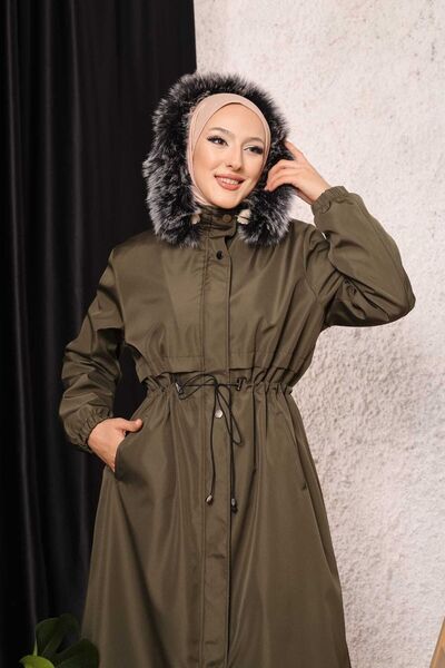 Vibeys Collection Khaki Fur Lined and Waterproof Large Size Oversize Women's Winter Coat & Coat