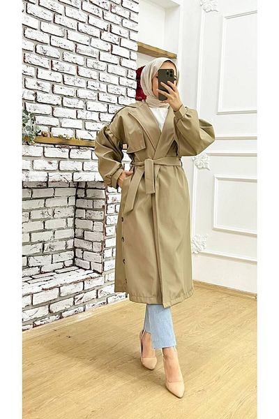 Vibeys Collection Trench pentru damă, curgător lung și cu nasturi laterale, cu mâneci balon