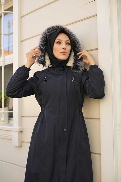Vibeys Collection Γυναικείο χειμωνιάτικο παλτό και παλτό Navy Blue με γούνα και αδιάβροχο