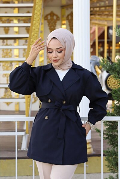 Vibeys Collection Belden Bağlamalı Kruvaze Yaka Su Geçirmez Kadın Trençkot
