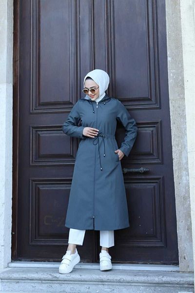 Marjinal City Gray Striped Inside and Self Lined Waterproof Women's Trench Coat