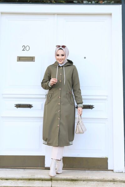 Marjinal City Χακί γυναικεία καμπαρντίνα με κουκούλα και κουμπιά αδιάβροχη ριμπ