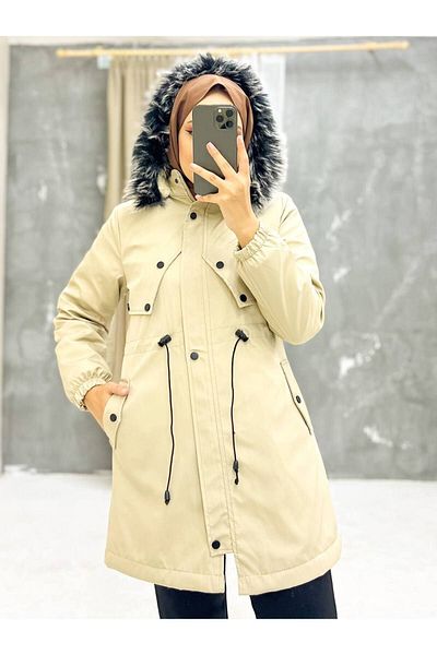 Marjinal City Cream Fur Lined and Waterproof Women's Winter Coat & Coat