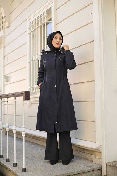 Marjinal City Γυναικείο χειμωνιάτικο παλτό Navy Blue με γούνα και αδιάβροχο