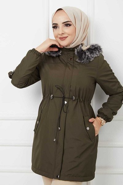 Vibeys Collection Χακί Γούνινο Εσωτερικό και Αδιάβροχο Γυναικείο Χειμερινό Παλτό