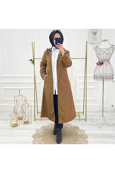 Vibeys Collection Tan Leopard Patterned and Self Lined Waterproof Women's Trench Coat