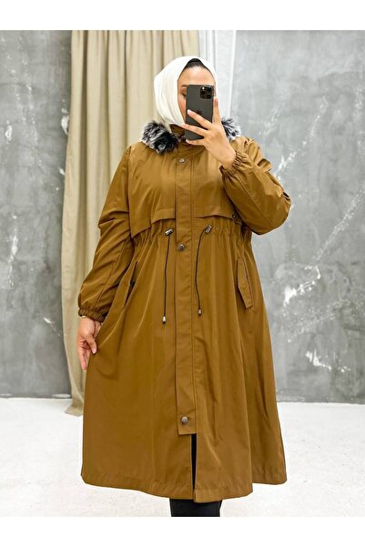 Vibeys Collection Γυναικείο χειμωνιάτικο παλτό & παλτό μεγάλου μεγέθους Tan Furry And Waterproof