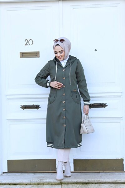 Vibeys Collection Χακί γυναικεία καμπαρντίνα με κουκούλα και κουμπιά αδιάβροχη ριμπ