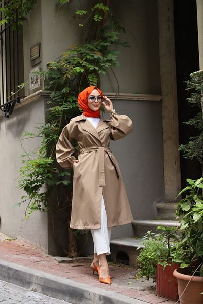 Vibeys Moda Γυναικεία καμπαρντίνα μπεζ ριγέ μπαλόνι μανίκι