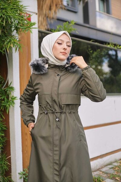 Vibeys Collection Khaki Fur Lined and Waterproof Large Size Oversize Women's Winter Coat & Coat