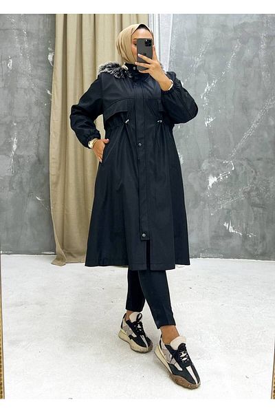 Vibeys Collection Black Fur Lined and Waterproof Large Size Oversize Women's Winter Coat & Coat