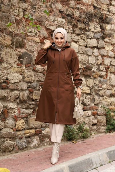 Marjinal City Brown Striped and Hooded Waterproof Women's Trench Coat