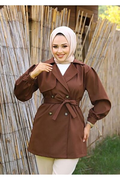 Vibeys Collection Двобортний комір водонепроникний жіночий тренч із зав'язкам...