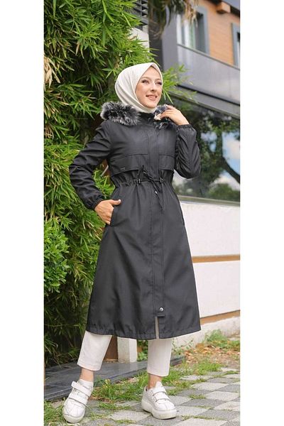 Marjinal City Black Fur Lined and Waterproof Large Size Oversize Women's Winter Coat & Coat