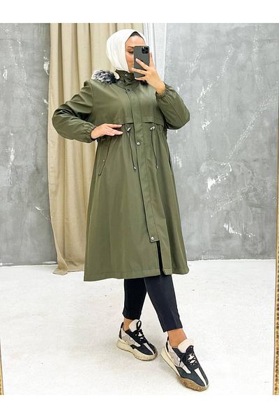 Marjinal City Khaki Fur Lined and Waterproof Large Size Oversize Women's Winter Coat & Coat