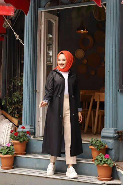 Vibeys Collection Siyah İçi Çizgili Ve Kapüşonlu Su Geçirmez Kadın Trençkot