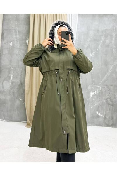 Marjinal City Khaki Fur Lined and Waterproof Large Size Oversize Women's Winter Coat & Coat
