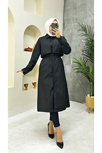 Vibeys Collection Siyah Içi Astarlı Ve Düğme Detaylı Kadın Trençkot