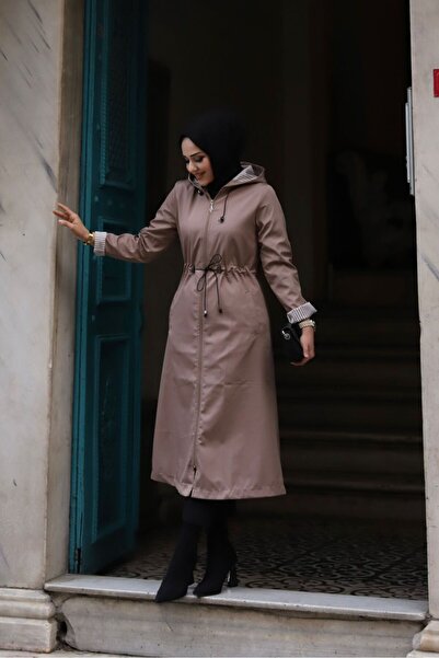 Marjinal City Bej İçi Çizgili Ve Kapüşonlu Su Geçirmez Kadın Trençkot