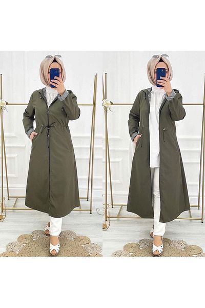 Marjinal City Khaki Striped Inside and Self Lined Waterproof Women's Trench Coat