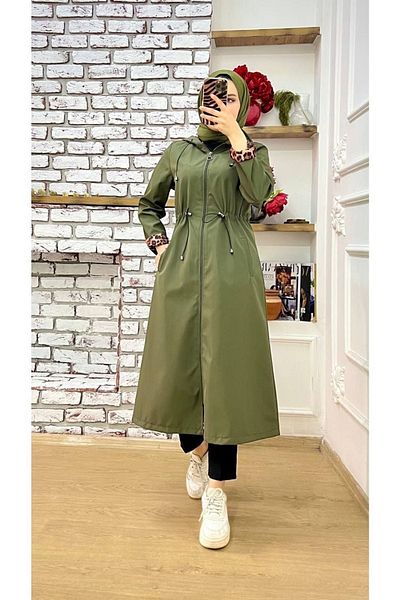 Marjinal City Khaki Leopard Patterned and Self Lined Waterproof Women's Trench Coat