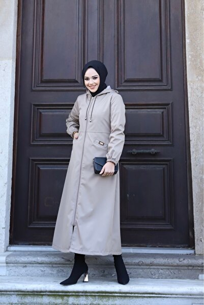 Marjinal City Bej İçi Çizgili Önü Cepli Ve Kendinden Astarlı Su Geçirmez Kadın Uzun Trençkot