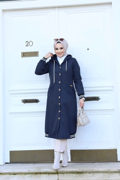 Marjinal City Синій жіночий тренч з капюшоном і ґудзиками, водонепроникний, з рибанелем