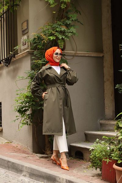 Vibeys Moda Χακί ριγέ μπαλόνι μανίκι γυναικεία καμπαρντίνα