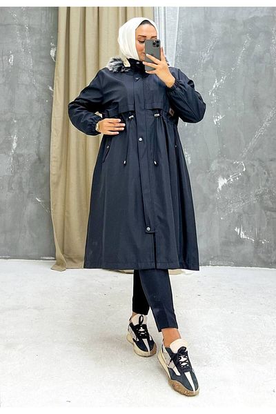 Marjinal City Black Fur Lined and Waterproof Large Size Oversize Women's Winter Coat & Coat
