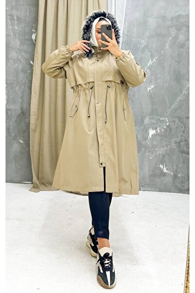 Vibeys Collection Beige Fur Lined and Waterproof Large Size Oversize Women's Winter Coat & Coat