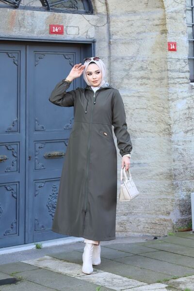 Marjinal City Haki İçi Çizgili Önü Cepli Ve Kendinden Astarlı Su Geçirmez Kadın Uzun Trençkot