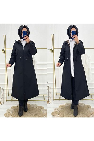 Vibeys Collection Navy Blue Leopard Patterned and Self Lined Waterproof Women's Trench Coat
