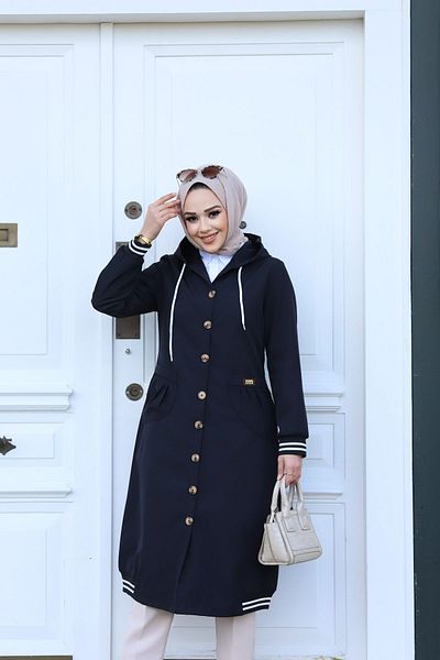 Vibeys Collection Γυναικεία καμπαρντίνα με μαύρη κουκούλα και κουμπιά αδιάβροχη ριμπ