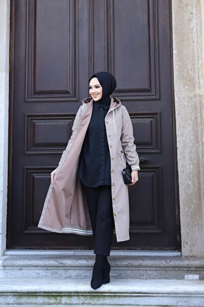 Vibeys Collection Γυναικεία καμπαρντίνα με μπεζ κουκούλα και κουμπιά αδιάβροχη ριμπ