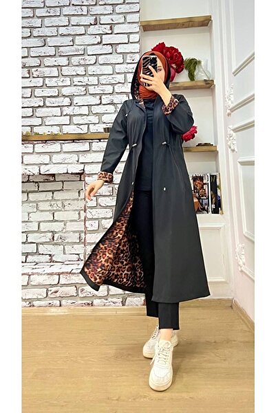 Vibeys Collection Темно-синій жіночий тренч з леопардовим принтом і підкладкою, водонепроникний